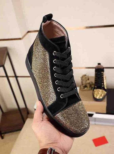 

with box,dust bag) red bottom sneakers rhinestone strass high sneakers red sole women men flats fashion casual shoe disc cs02, Black