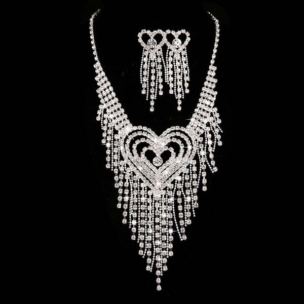 

forseven luxury bride wedding jewelry sets silver heart shape crystal necklace long tassel earrings set women accessories jl