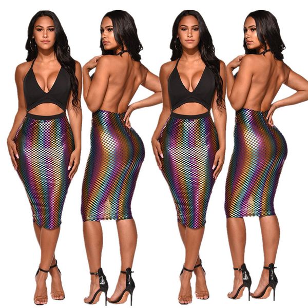 

радужный плед бронзирующий повязку платье талии женщин вырезать спинки платье-футляр лето холтер без рукавов пакет бедра платье nb-1432, Black;gray