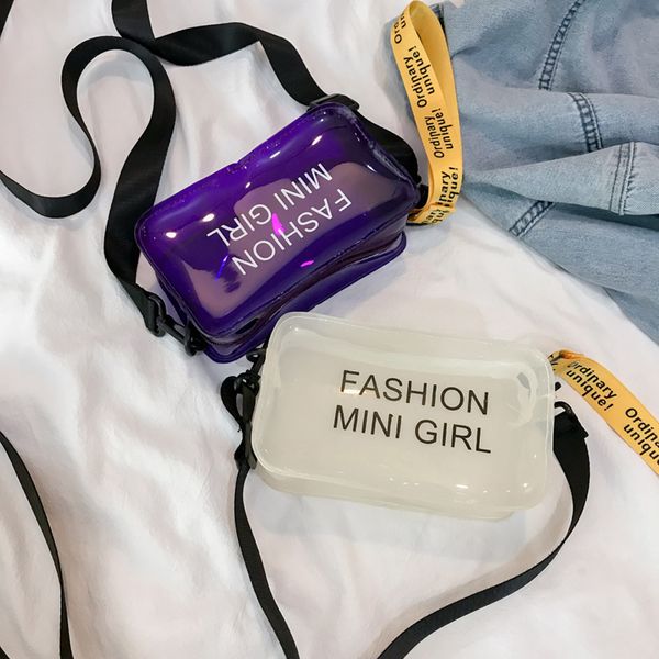 

fashion jelly bags clear transparent pvc shoulder bags letter print simple design shoulder bag 2019 width band messenger bag a1