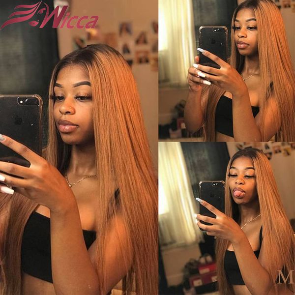 

wicca ombre color lace front human hair 1b/27 wigs with baby hair 13x6 180 density straight brazilian blonde wig bleached knots, Black;brown