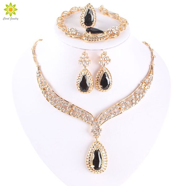 

fashion crystal necklace collar jewelry sets for women party accessories african beads earrings bracelet ring sets vintage black, Slivery;golden