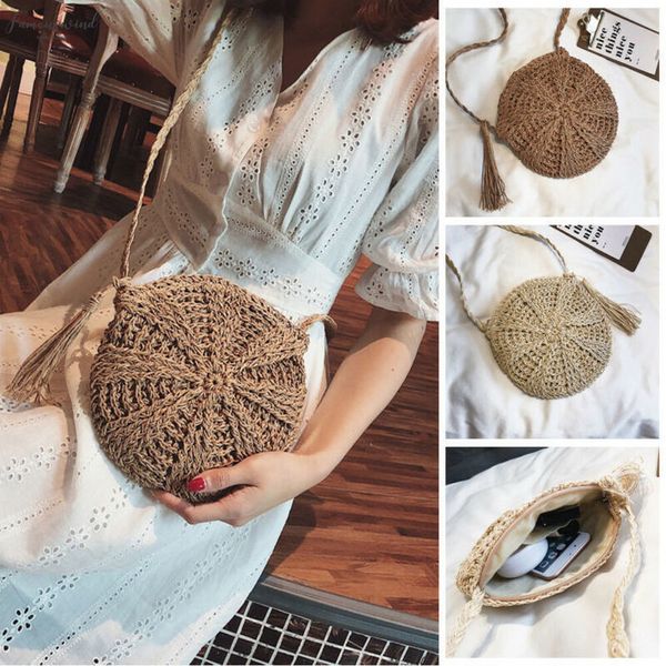 

women crossbody bag round circular polyester rattan wicker straw woven beach basket purse messenger bag shoulder bag