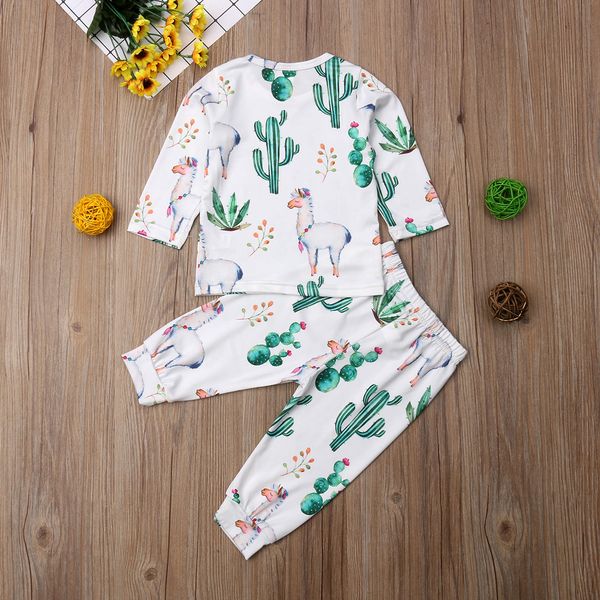 

2019 toddler infant baby girl boy clothes set autumn white long sleeve alpaca cactus floral pants 2pcs outfits clothing