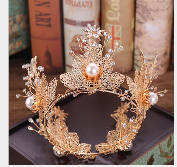 

the whole circle of big pearl golden crown leaves shape crown bride hair decoration, Slivery;golden