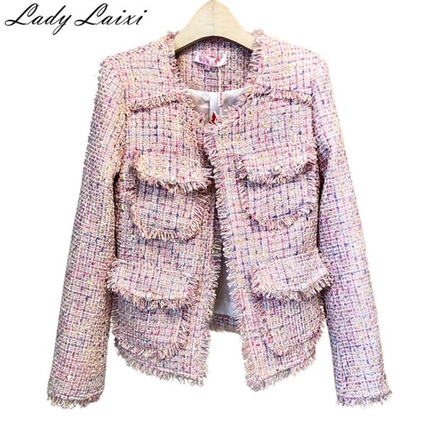 

luxury designer pink tweed jacket 2018 autumn winter elegant o-neck thick tassel trim women jacket office lady wool coat, Black;brown
