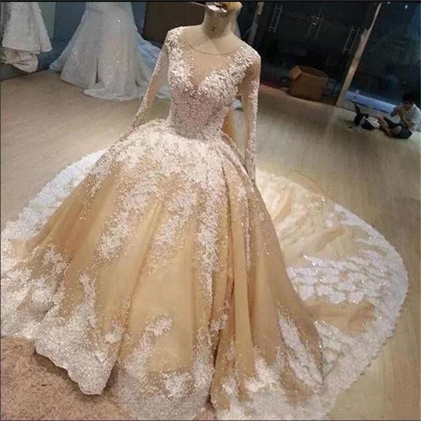 Abiti da sposa champagne 2018 con applique in pizzo bianco gioiello collo trasparente maniche lunghe abiti da sposa cerniera posteriore abiti da sposa personalizzati