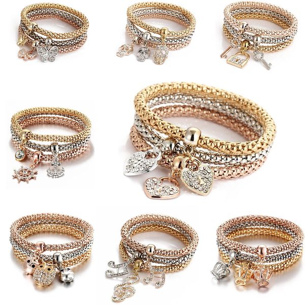 3 pz/set elastico braccialetto di diamanti catena di mais con cuore teschio pendente moda braccialetti di fascino braccialetti set di gioielli per le donne spedizione gratuita