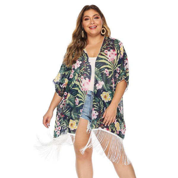 

europe and america large size dress plant printed loose-fit long tassels joint chiffon blouse sun-resistant cardigan coat 2406, Black;white