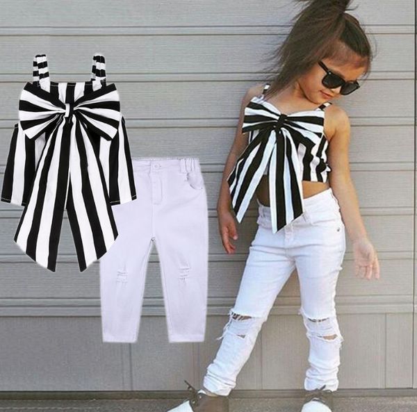 

2019 summer baby girls outfits girl set plaid babys clothing shoulder straps bow stripe long pant child outfits 2pcs clothes, White