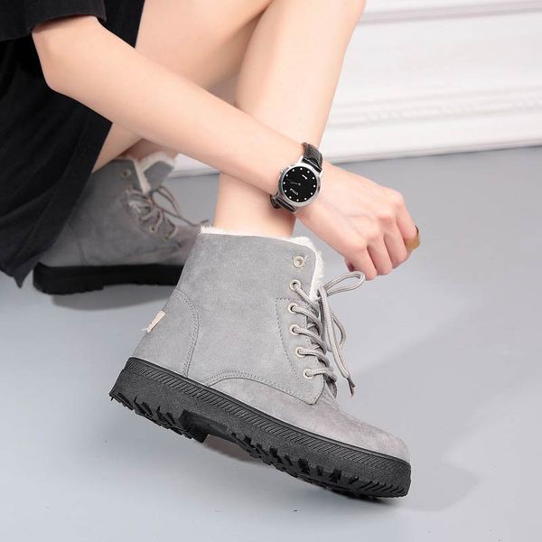 

warm flock round toe winter women ankle boots heels 2019 solid lace-up female snow boots women casual shoes