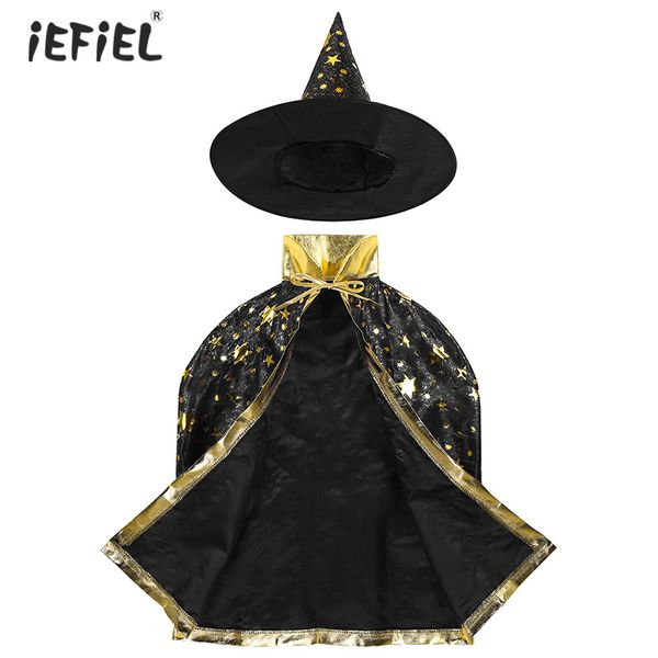 

kids children halloween costumes outfit witch wizard cloak cape with pointed hat outfit set for role play cosplay party dress up, White