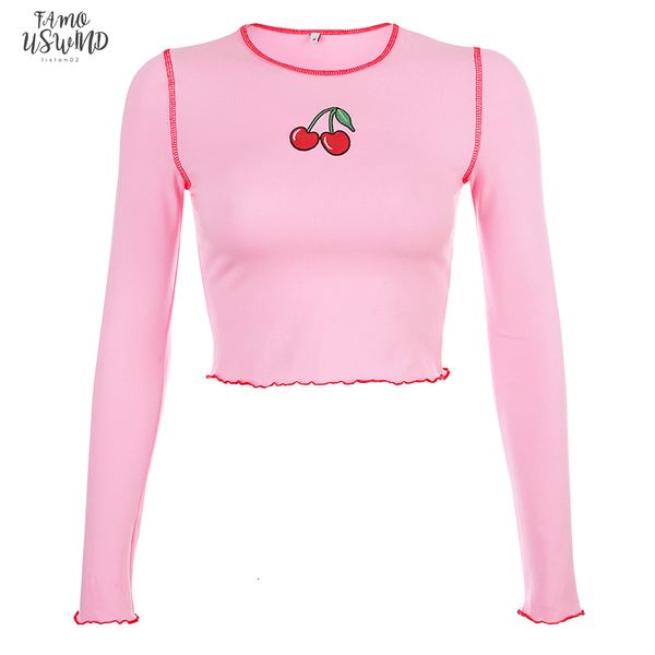 

strawberry print long sleeve t shirt women pink floral knitted o neck tee shirt femme crop 2020, White