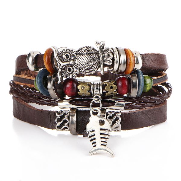 

2019 puck leather multilayer leather bracelet men bohemia charms fish bone mens bracelets 2019 wrap pulseira gifts jewelry new, Black