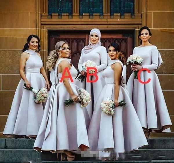

simple silver puffy bridesmaid dresses long sleeve high neck a line with big bow back muslim arabic women plus size wedding guest dress, White;pink