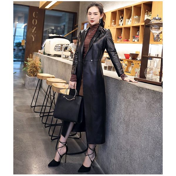 

2019 spring autumn new natural real leather women's long sheepskin leather windbreaker slim single jacket and coats, Black