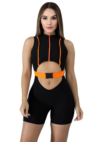 

lemon gina 2019 new summer hollow out sleeveless zipper up buckle splicing tight casual sporting jumpsuit a3119, Black;white