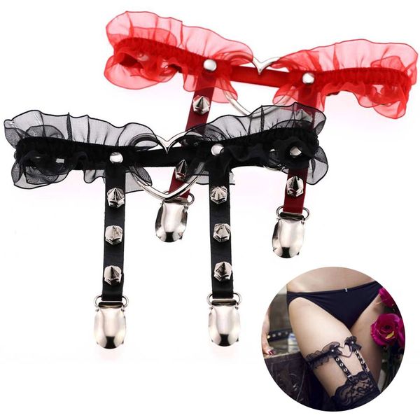 

1pc women lace leg ring garter belt tight suspenders lingerie harajuku elasticity pu heart leather harness punk garters, Black;white