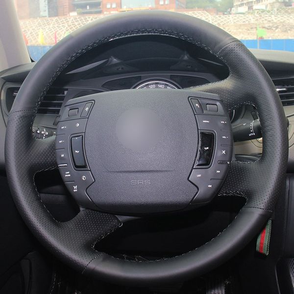 

black natural leather car steering wheel cover for citroen c5 2008-2017