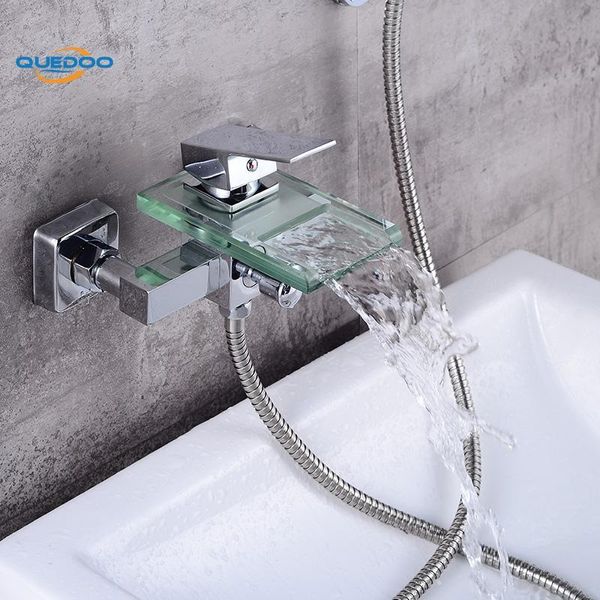 

shower faucets square wall mounted waterfall glass spout bathroom bath handheld shower set tap mixer bathtub polished faucet