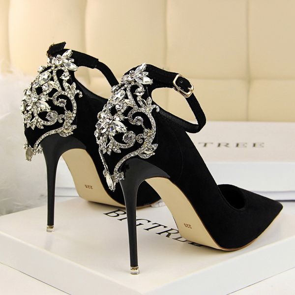 

women high heels ankle buckle strap shoes female stiletto bling rhinestone cover heel drill fashion red wedding pump, Black