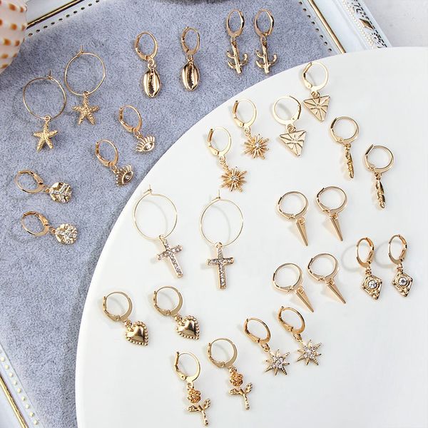 

just feel new tiny hoop earrings for women girl gold cartilage hoop earrings jewelry heart cross star triangle charm earrings, Golden;silver