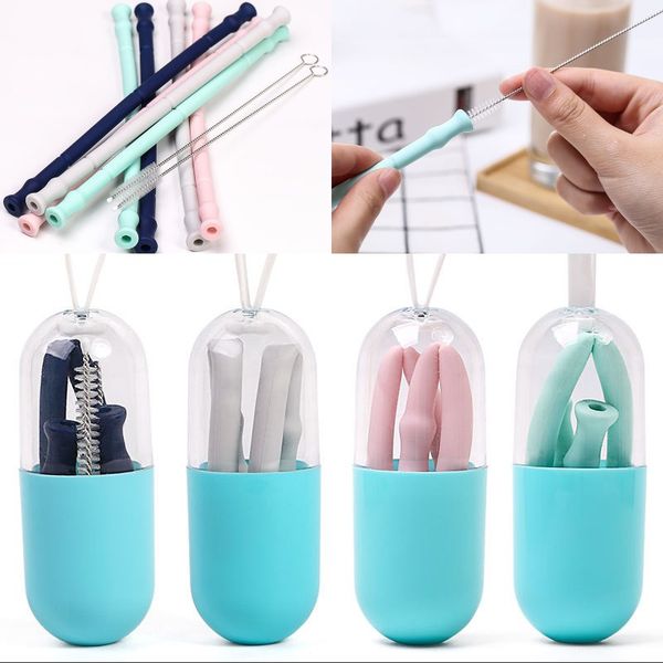 

silicone foldable drinking straw set with mini box brush reusable straws outdoor travel home kitchen bar supplies