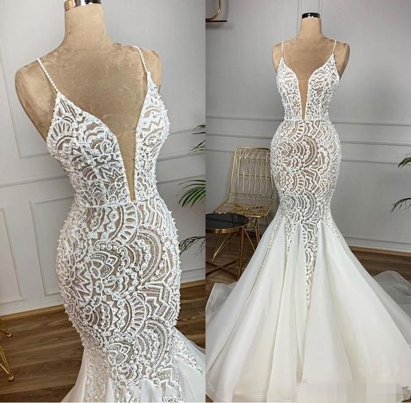 

2020 illusion bodice mermaid wedding dresses spaghetti straps lace applique crystal sheer plunging v neck wedding gown vestido de novia, White