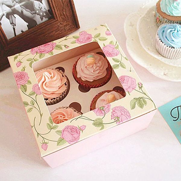 

6pcs 4 grids cupcake baking boxes rose printed pastry case container diy cake decor