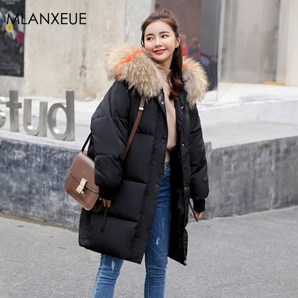 

fur hooded long cotton coat women winter solid zipper plus size down jackets female korean parka coats thicken warm outerwears, Black