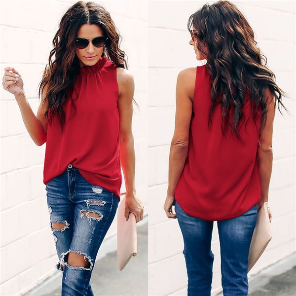 

2019 women summer sleeveless shirts stand collar casual pleated flowy tunic loose tank 12colors s-2xl, White