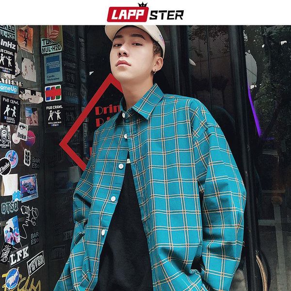 

lappster men streetwear plaid shirts 2019 mens hip hop long sleeve shirt male korean fashions designer button casual red shirt, White;black