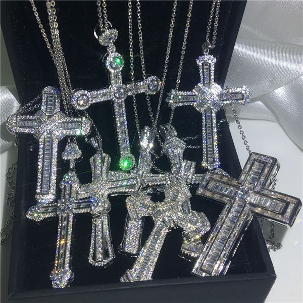 

vecalon handmade hiphop big cross pendant 925 sterling silver cz stone vintage pendant necklace for women men wedding jewelry