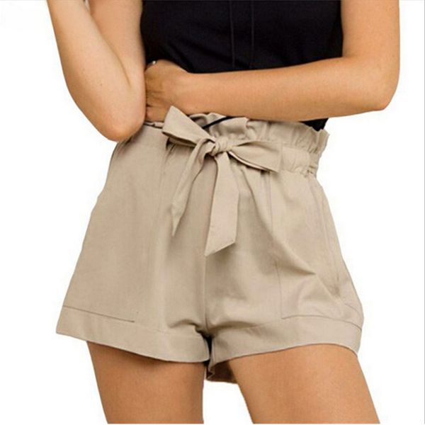 

2020 new fashion women's shorts mid-waist solid color shorts ladies elastic waist casual female loose pocket, White;black