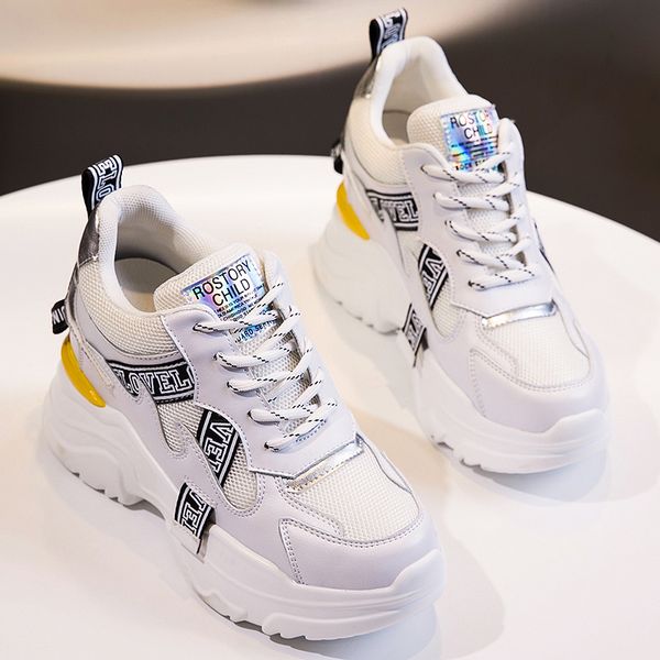 

2020 new summer high platform sneakers 9cm wedge heels women thick sole shoes air mesh white shoes breathable casual woman, Black