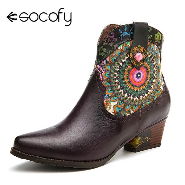 

socofy folkways boots pattern genuine leather splicing comfy low heel ankle boots elegantshoes women botines mujer 2019, Black