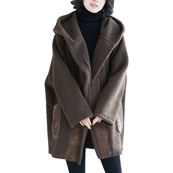 

hooded extra large size women jackets spring autumn thicken woolen coat full sleeves korean cotton cardigans abrigos mujer f056, Black