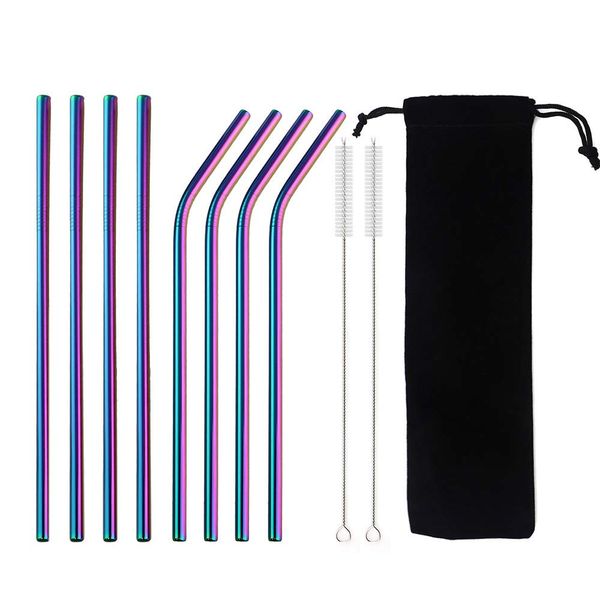

stainless steel 6 mm metal bent straight straws colorful rainbow straws reusable metal drinking with bag cleaning brush