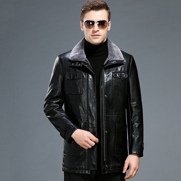 

2019 winter new thick turn down collar jacket cuir homme, Black
