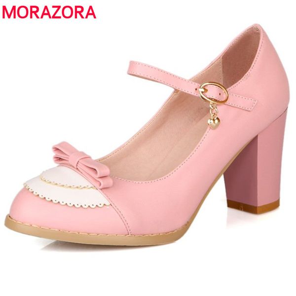 

morazora размер 34-45 2020 весна женские насосы пряжка ремень 8 см толстые высокие каблуки круглый носок мода дамы насосы свадебные туфли, Black