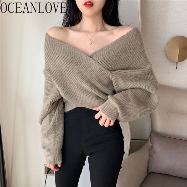 

oceanlove korean pullovers solid office lady fashion 2020 spring women sweaters criss-cross loose pull femme short 13810, White;black