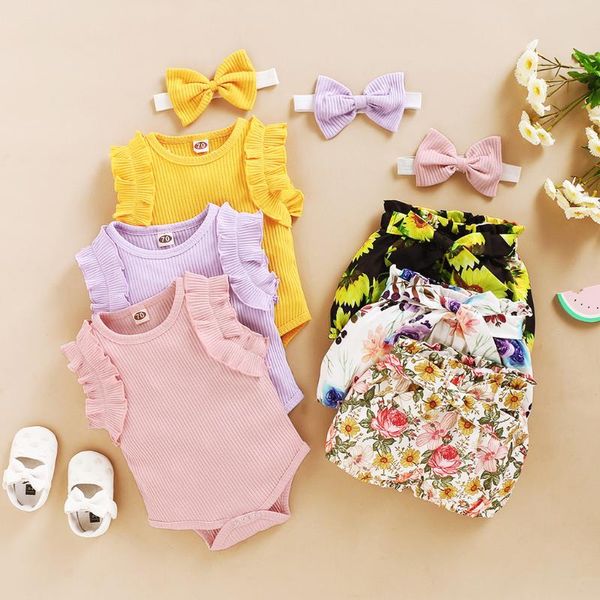 

summer newborn baby girl clothes set fashion solid color for girls outfit bodysuit shorts headband new born infant clothing sets, White