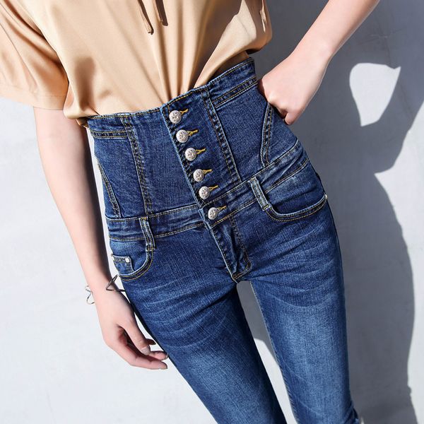 

new chao gao yao breasted women's stretch denim trousers slim cotton mother denim trousers female, Blue