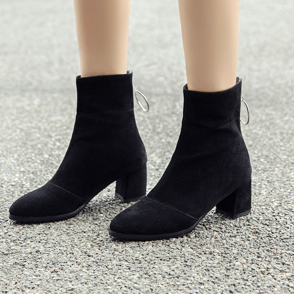 

white ankle boots brand women's shoes round toe booties ladies zipper low fashion large size rubber high heel short plush hoof, Black