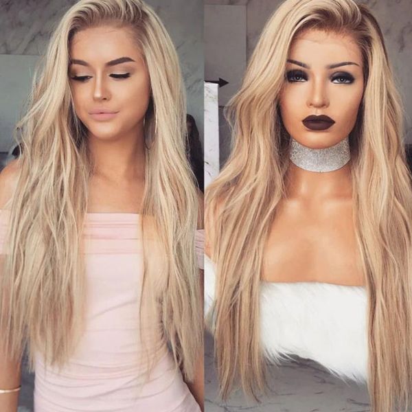 

transparent lace ombre blonde highlight side part 13x6 lace front human hair wigs 150density wavy glueless virgin full wigs, Black;brown
