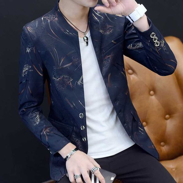 

men's suits & blazers men blazer korean print casual slim fit suit jackets male coats plus size 6xl-m, White;black