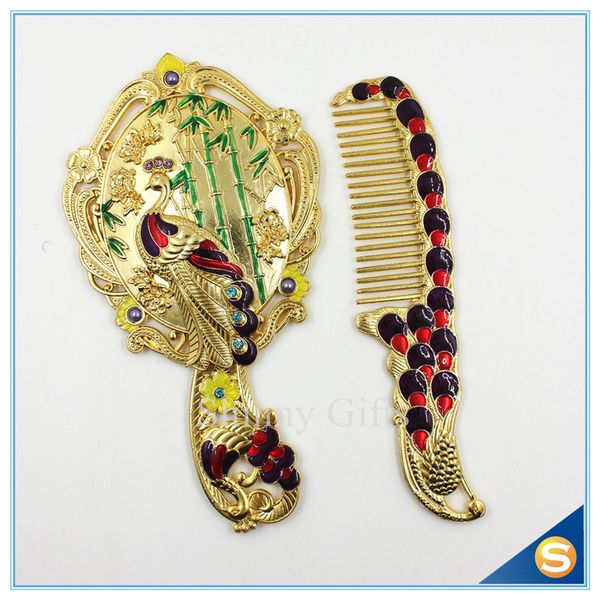

new golden finish peacock cosmetic mirror design with comb wedding gift set