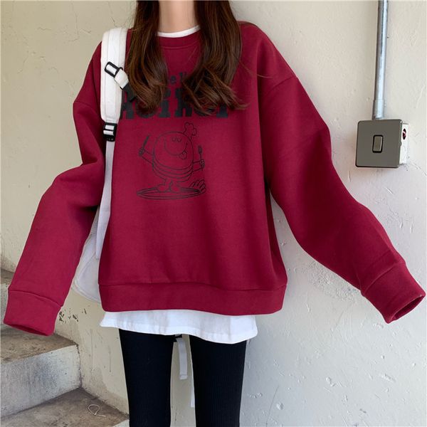 

2019 autumn and winter new style south korea sweet loose-fit brushed and thick pullover hoody women's, Black