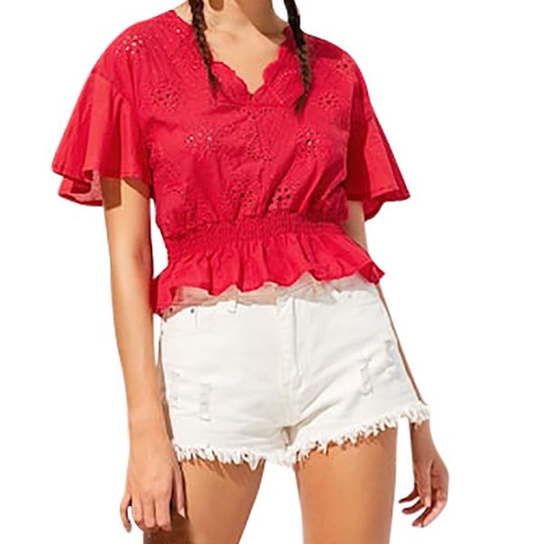 

lace v-neck hollowing out scallop tee shirt women fashion short sleeve 2019 solid wild slim red ropa mujer verano, White