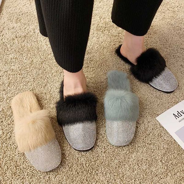 

fluffy hair close toe mules shoes full crystal flats fur slippers casual outside slip on flats slides warm women slippers, Black